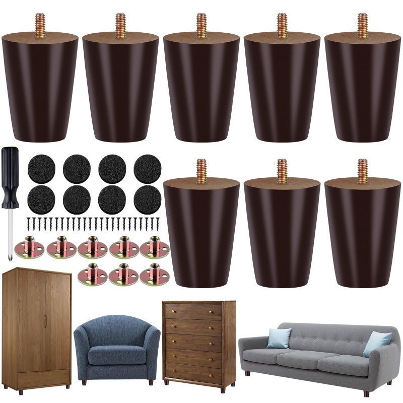 TURSTIN 8 Pieces Furniture Legs 3 Inches Round Solid Wood Furniture Feet Couch Legs Sofa Legs Replacement Legs for Armchair, Cabinet, Chair, Dresser or Home DIY Projects, Brown - Image 1